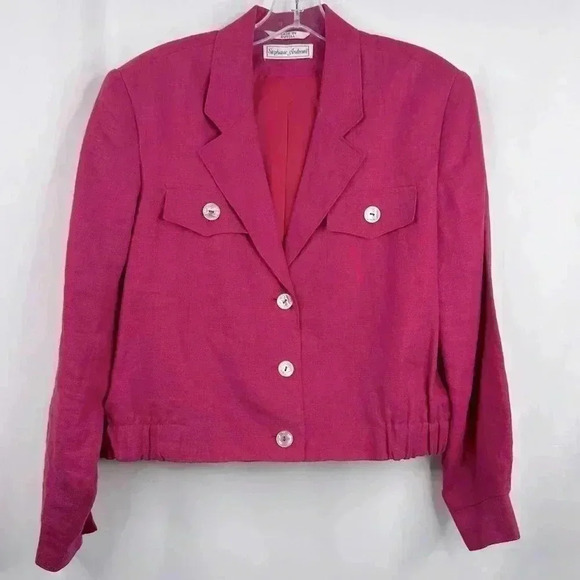 Stephanie Andrews Women’s Vintage Hot Pink Linen Cropped Bomber Jacket US Size 9 - Picture 2 of 13